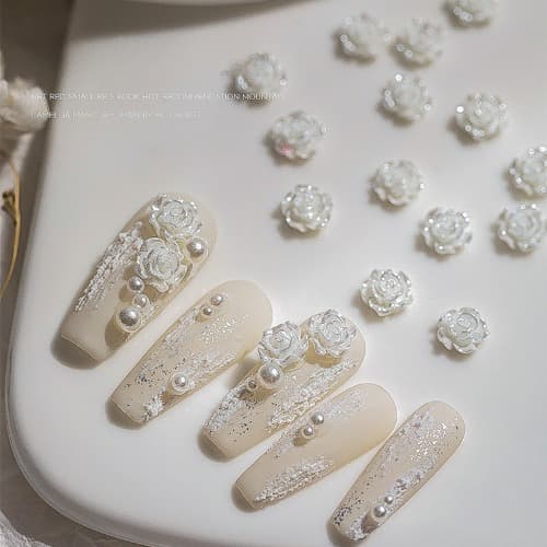 화이트 진주펄 장미 꽃 네일 파츠 10개입